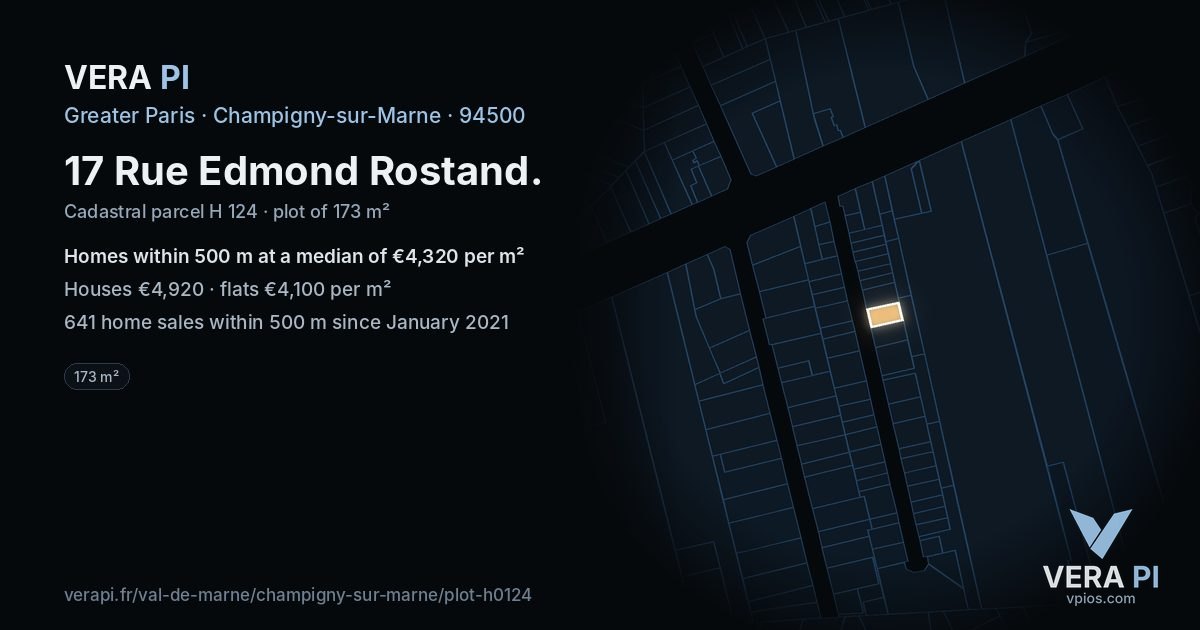 17 Rue Edmond Rostand, Champigny-sur-Marne at night – the plot lit, the parcels around coloured by the prices near them