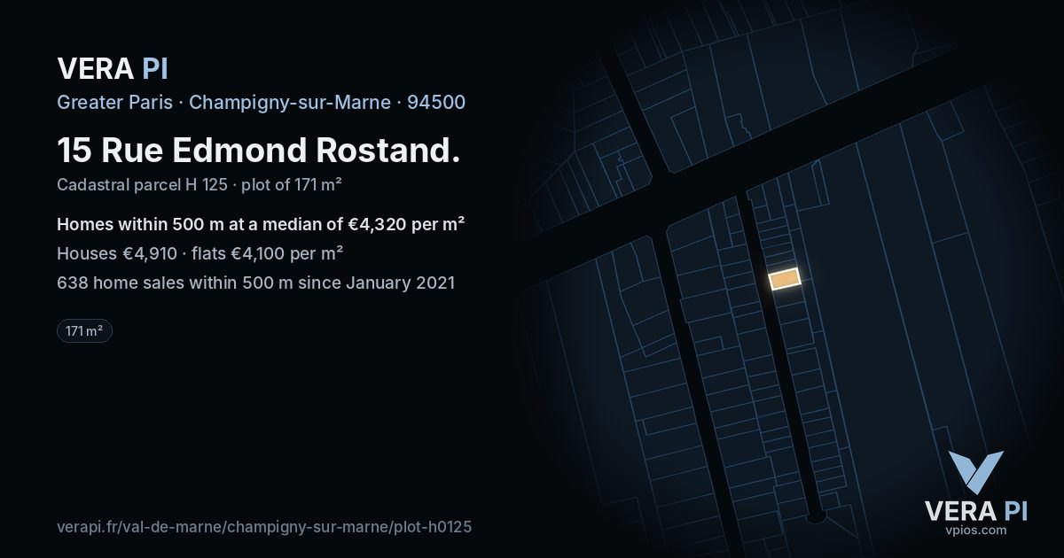 15 Rue Edmond Rostand, Champigny-sur-Marne at night – the plot lit, the parcels around coloured by the prices near them