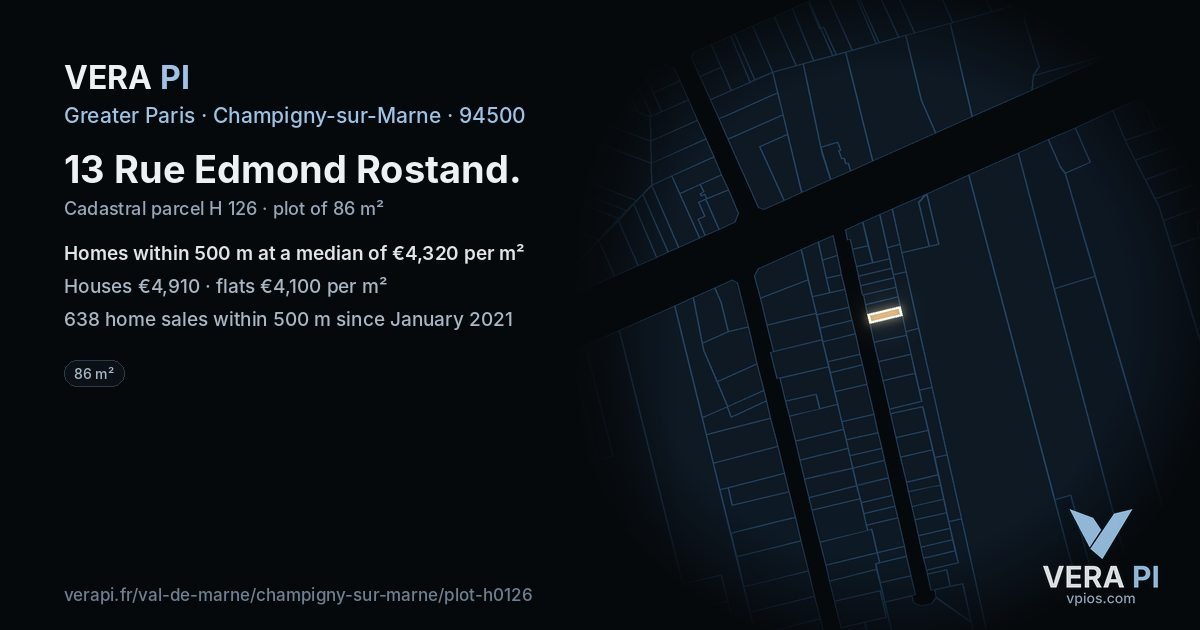 13 Rue Edmond Rostand, Champigny-sur-Marne at night – the plot lit, the parcels around coloured by the prices near them