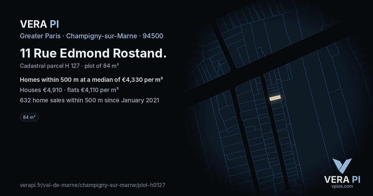 11 Rue Edmond Rostand, Champigny-sur-Marne at night – the plot lit, the parcels around coloured by the prices near them