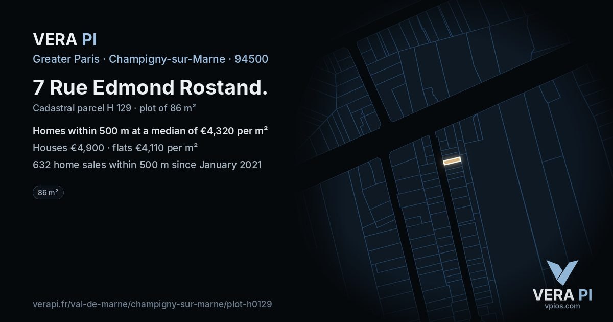 7 Rue Edmond Rostand, Champigny-sur-Marne at night – the plot lit, the parcels around coloured by the prices near them