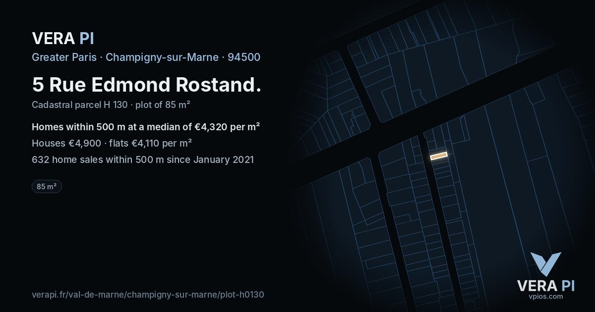 5 Rue Edmond Rostand, Champigny-sur-Marne at night – the plot lit, the parcels around coloured by the prices near them