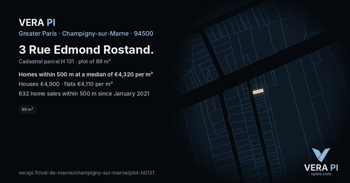 3 Rue Edmond Rostand, Champigny-sur-Marne at night – the plot lit, the parcels around coloured by the prices near them