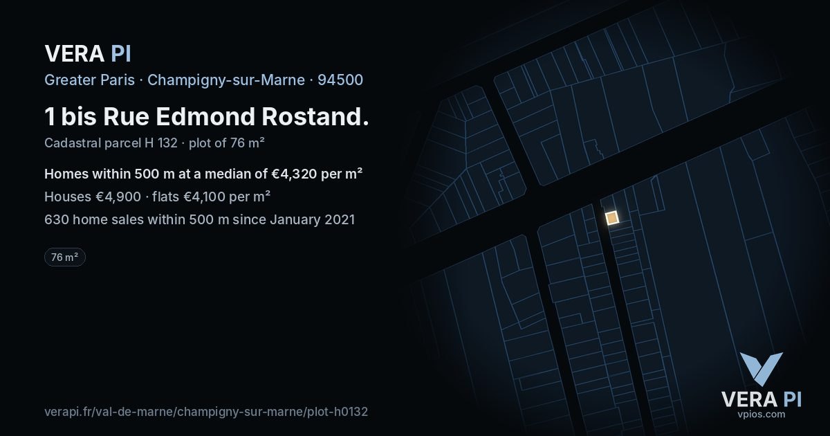 1 bis Rue Edmond Rostand, Champigny-sur-Marne at night – the plot lit, the parcels around coloured by the prices near them