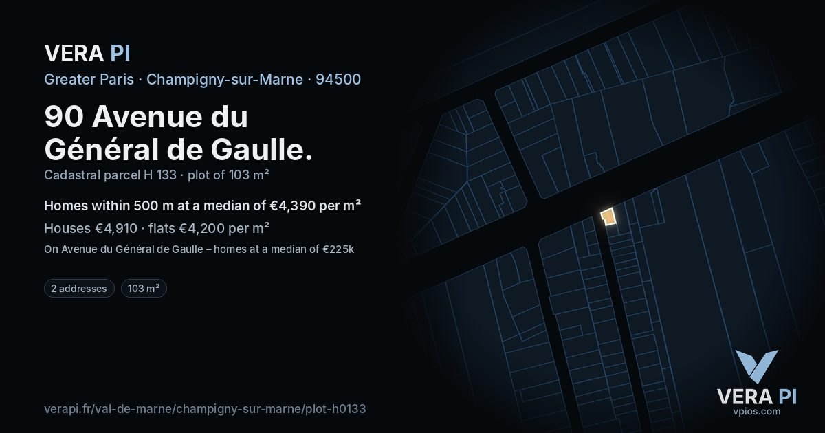 90 Avenue du Général de Gaulle, Champigny-sur-Marne at night – the plot lit, the parcels around coloured by the prices near them