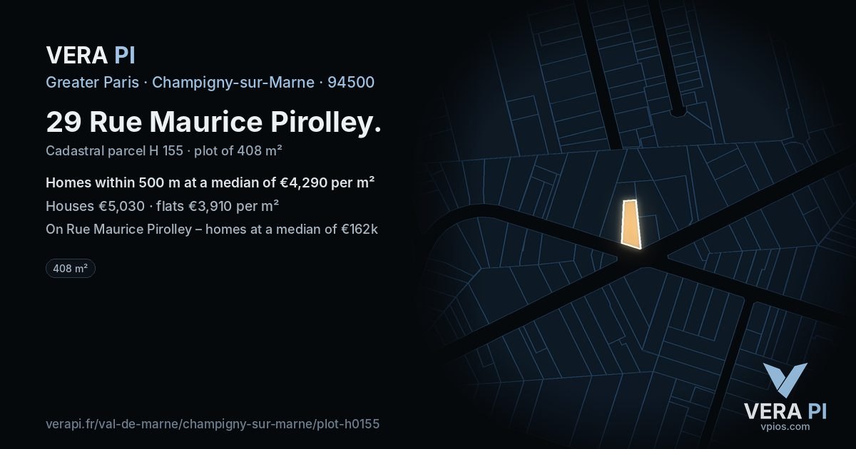 29 Rue Maurice Pirolley, Champigny-sur-Marne at night – the plot lit, the parcels around coloured by the prices near them