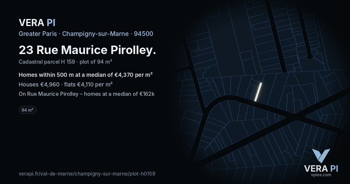 23 Rue Maurice Pirolley, Champigny-sur-Marne at night – the plot lit, the parcels around coloured by the prices near them