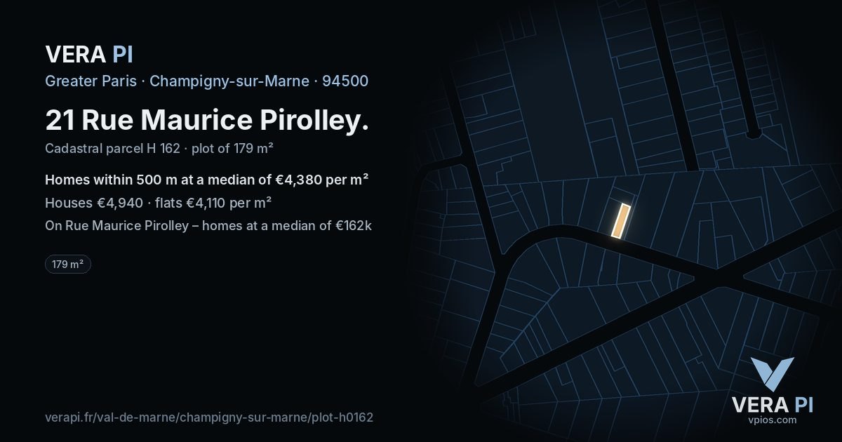 21 Rue Maurice Pirolley, Champigny-sur-Marne at night – the plot lit, the parcels around coloured by the prices near them