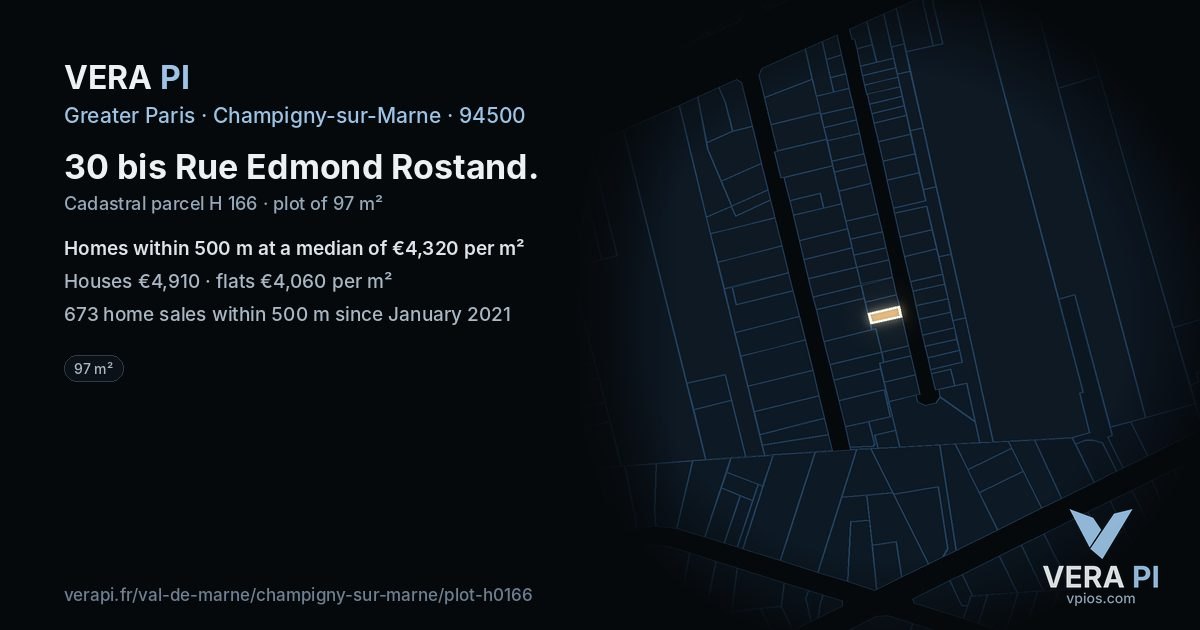 30 bis Rue Edmond Rostand, Champigny-sur-Marne at night – the plot lit, the parcels around coloured by the prices near them