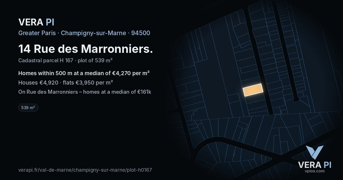 14 Rue des Marronniers, Champigny-sur-Marne at night – the plot lit, the parcels around coloured by the prices near them