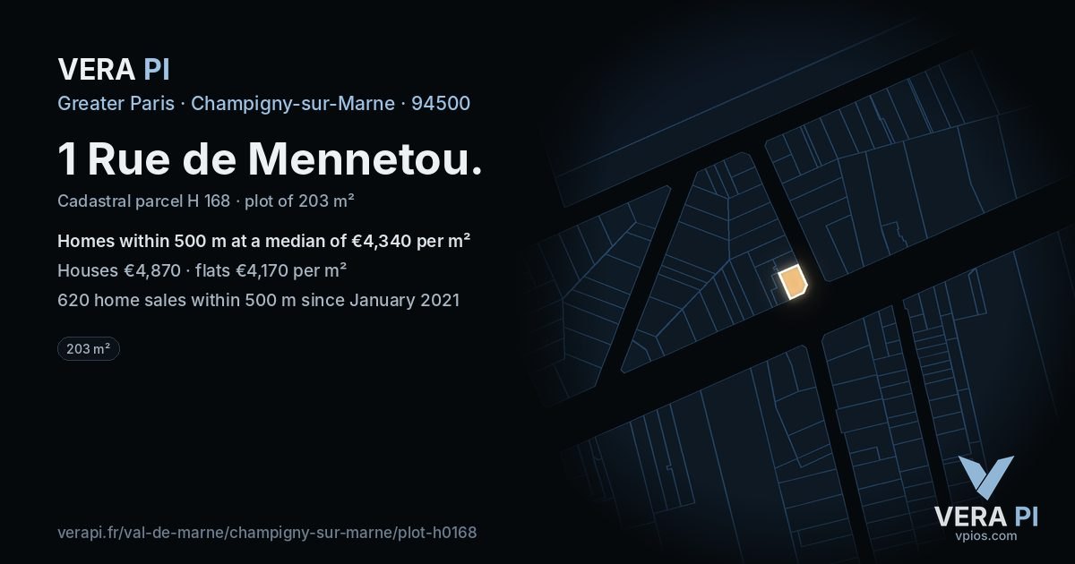 1 Rue de Mennetou, Champigny-sur-Marne at night – the plot lit, the parcels around coloured by the prices near them