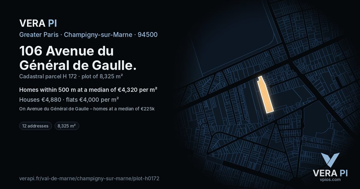 106 Avenue du Général de Gaulle, Champigny-sur-Marne at night – the plot lit, the parcels around coloured by the prices near them