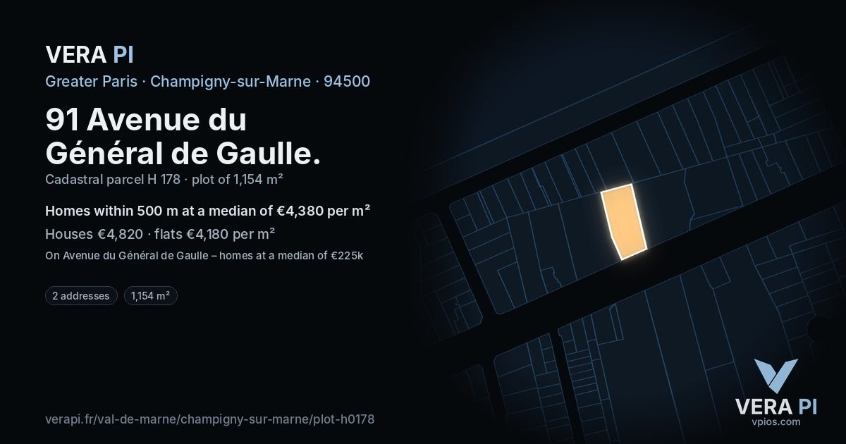 91 Avenue du Général de Gaulle, Champigny-sur-Marne at night – the plot lit, the parcels around coloured by the prices near them