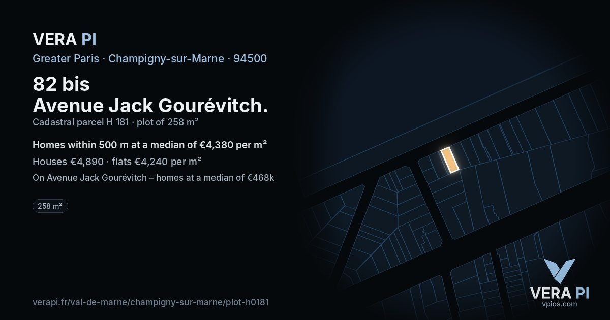 82 bis Avenue Jack Gourévitch, Champigny-sur-Marne at night – the plot lit, the parcels around coloured by the prices near them