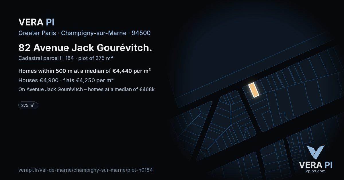 82 Avenue Jack Gourévitch, Champigny-sur-Marne at night – the plot lit, the parcels around coloured by the prices near them