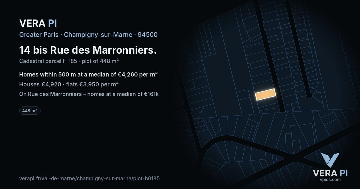 14 bis Rue des Marronniers, Champigny-sur-Marne at night – the plot lit, the parcels around coloured by the prices near them