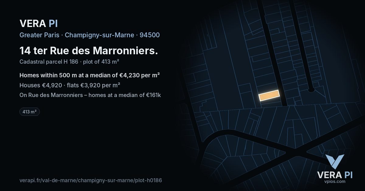 14 ter Rue des Marronniers, Champigny-sur-Marne at night – the plot lit, the parcels around coloured by the prices near them