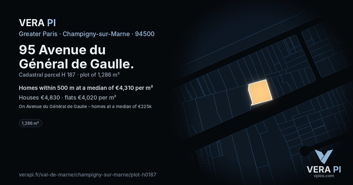 95 Avenue du Général de Gaulle, Champigny-sur-Marne at night – the plot lit, the parcels around coloured by the prices near them