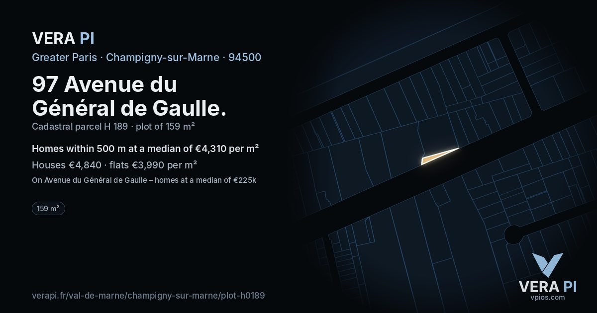 97 Avenue du Général de Gaulle, Champigny-sur-Marne at night – the plot lit, the parcels around coloured by the prices near them