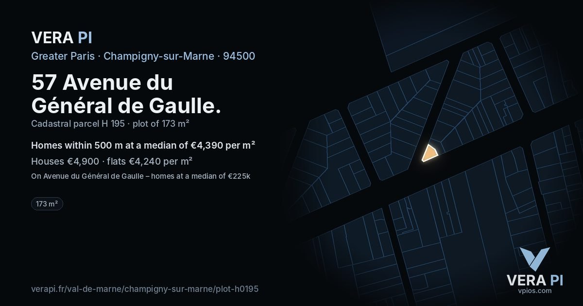 57 Avenue du Général de Gaulle, Champigny-sur-Marne at night – the plot lit, the parcels around coloured by the prices near them