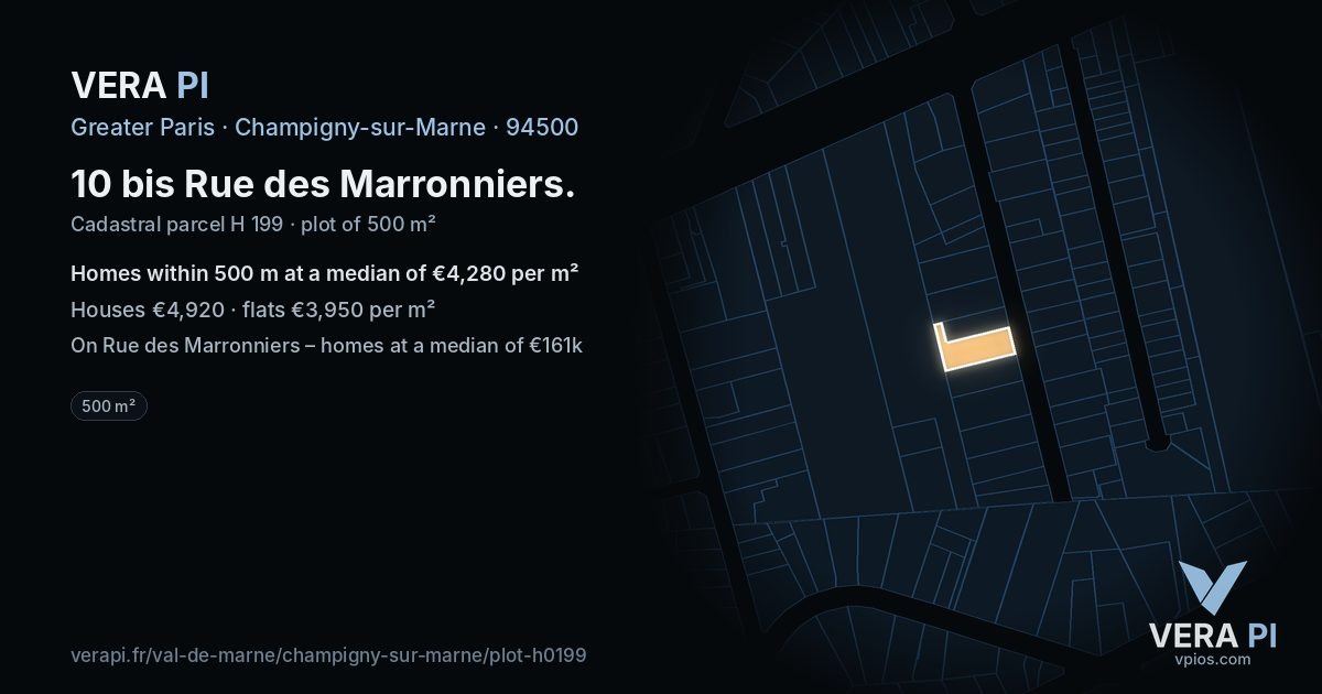 10 bis Rue des Marronniers, Champigny-sur-Marne at night – the plot lit, the parcels around coloured by the prices near them