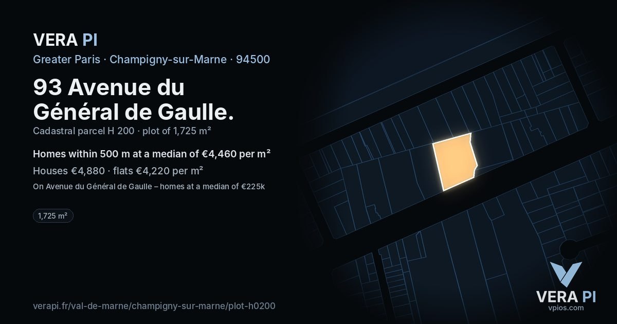 93 Avenue du Général de Gaulle, Champigny-sur-Marne at night – the plot lit, the parcels around coloured by the prices near them