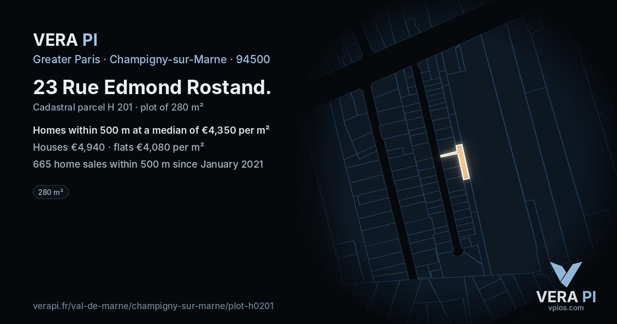 23 Rue Edmond Rostand, Champigny-sur-Marne at night – the plot lit, the parcels around coloured by the prices near them