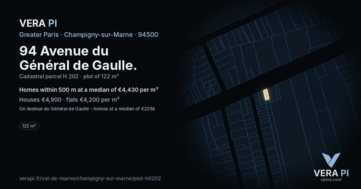 94 Avenue du Général de Gaulle, Champigny-sur-Marne at night – the plot lit, the parcels around coloured by the prices near them