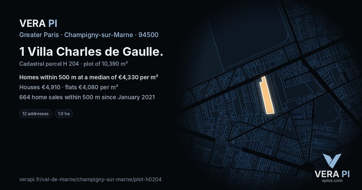 1 Villa Charles de Gaulle, Champigny-sur-Marne at night – the plot lit, the parcels around coloured by the prices near them