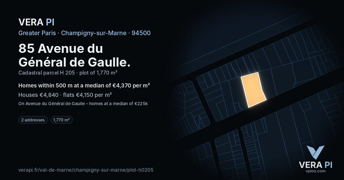 85 Avenue du Général de Gaulle, Champigny-sur-Marne at night – the plot lit, the parcels around coloured by the prices near them
