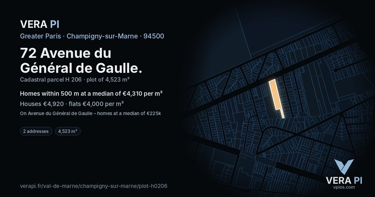 72 Avenue du Général de Gaulle, Champigny-sur-Marne at night – the plot lit, the parcels around coloured by the prices near them