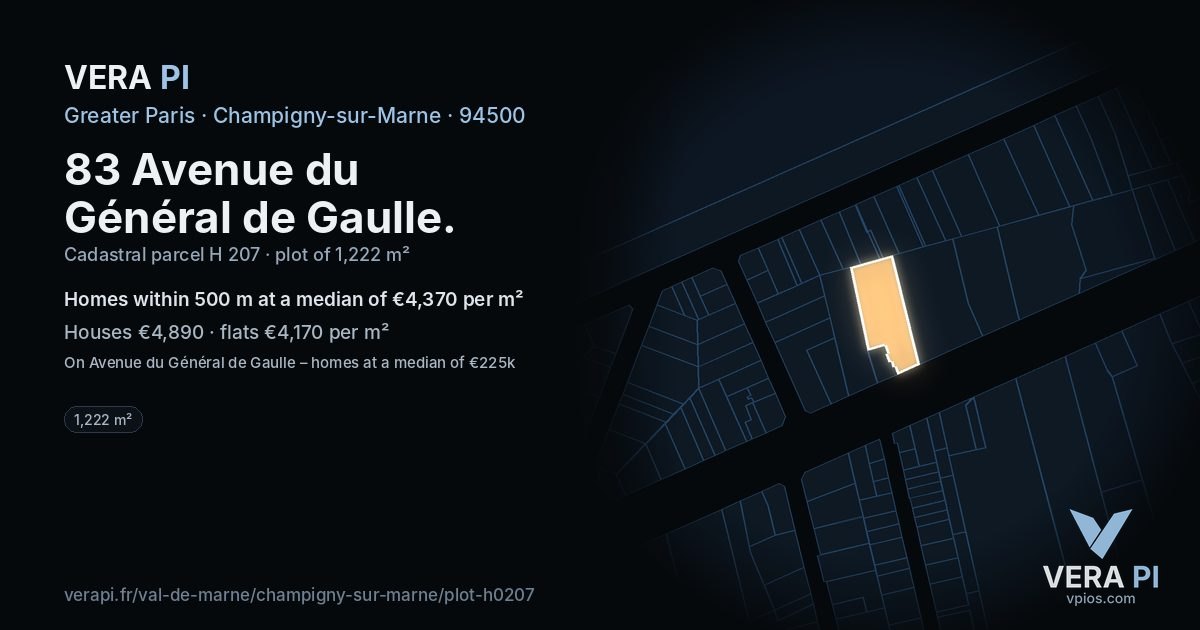 83 Avenue du Général de Gaulle, Champigny-sur-Marne at night – the plot lit, the parcels around coloured by the prices near them