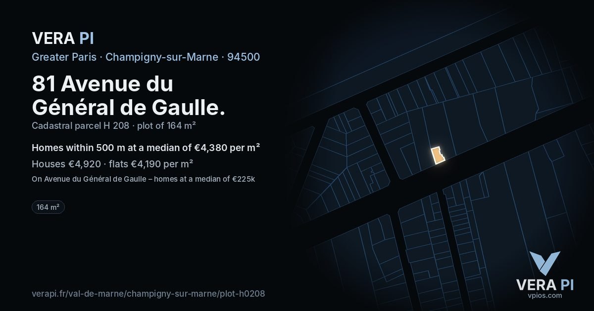 81 Avenue du Général de Gaulle, Champigny-sur-Marne at night – the plot lit, the parcels around coloured by the prices near them