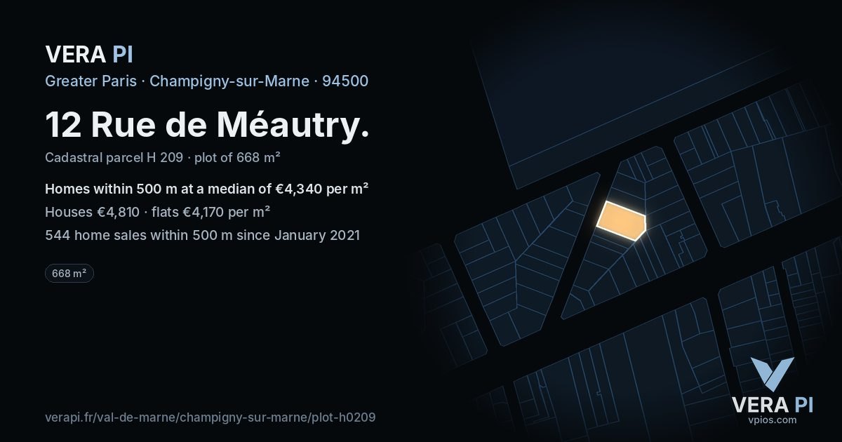 12 Rue de Méautry, Champigny-sur-Marne at night – the plot lit, the parcels around coloured by the prices near them