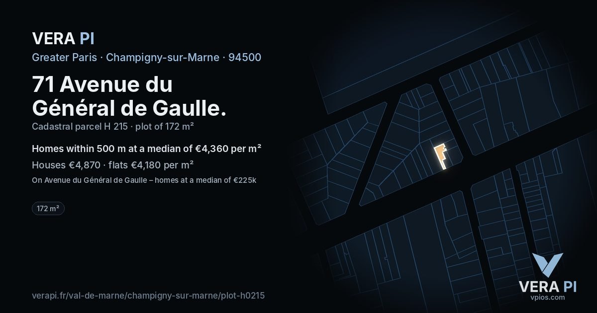 71 Avenue du Général de Gaulle, Champigny-sur-Marne at night – the plot lit, the parcels around coloured by the prices near them