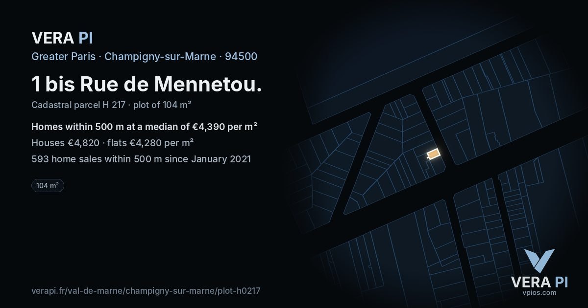 1 bis Rue de Mennetou, Champigny-sur-Marne at night – the plot lit, the parcels around coloured by the prices near them