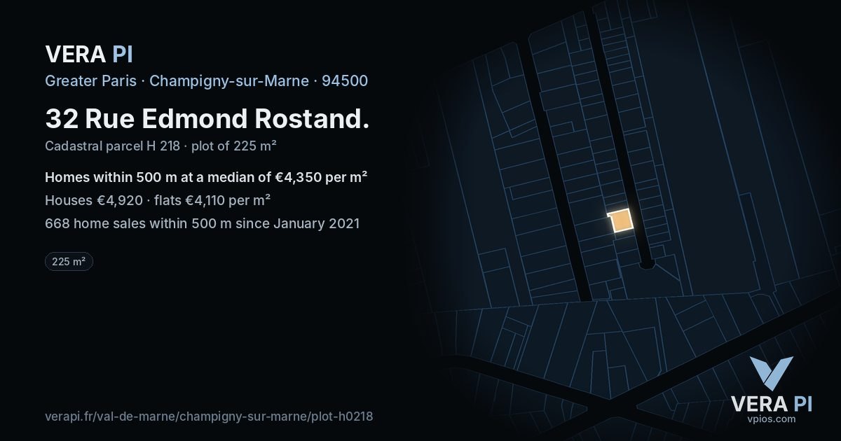 32 Rue Edmond Rostand, Champigny-sur-Marne at night – the plot lit, the parcels around coloured by the prices near them