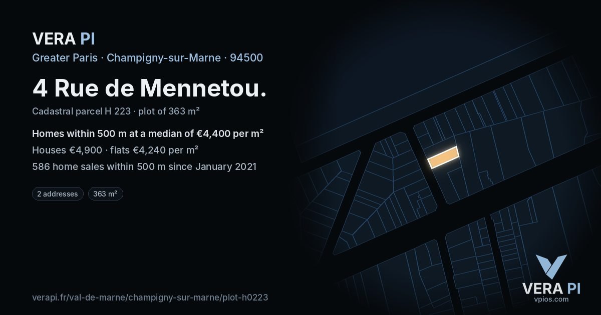 4 Rue de Mennetou, Champigny-sur-Marne at night – the plot lit, the parcels around coloured by the prices near them