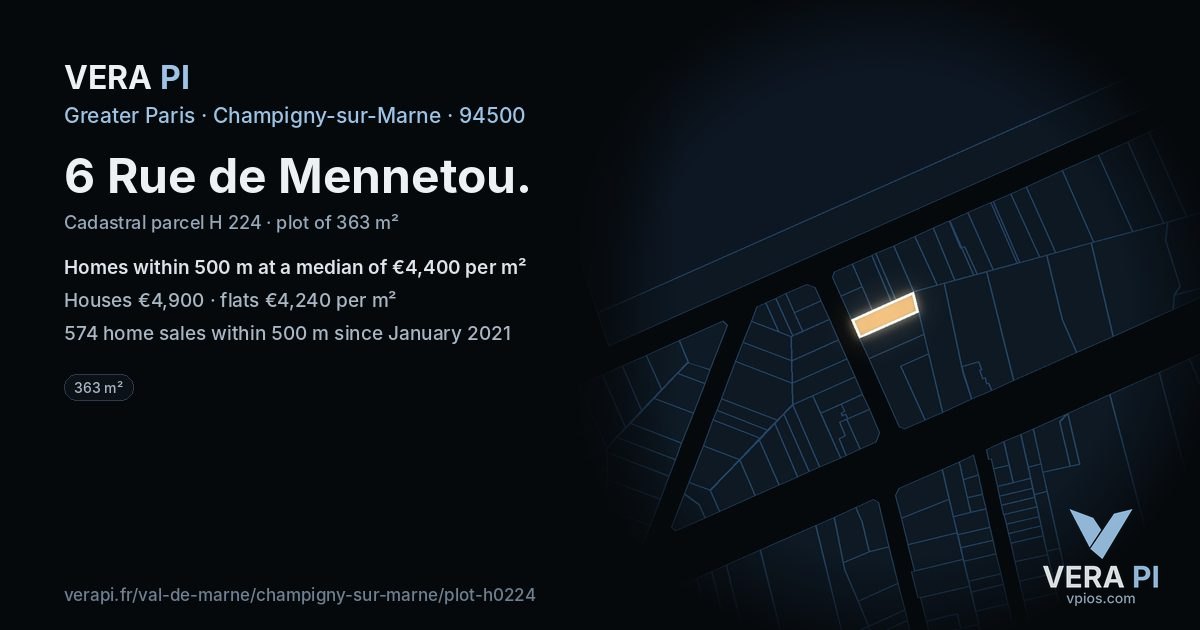 6 Rue de Mennetou, Champigny-sur-Marne at night – the plot lit, the parcels around coloured by the prices near them