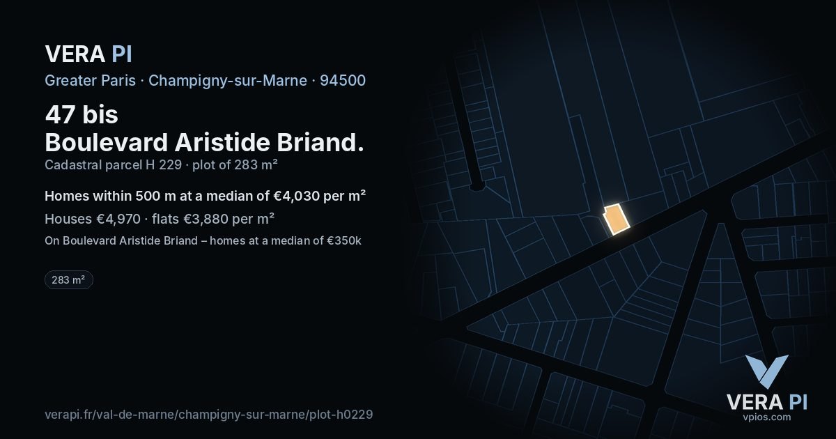 47 bis Boulevard Aristide Briand, Champigny-sur-Marne at night – the plot lit, the parcels around coloured by the prices near them