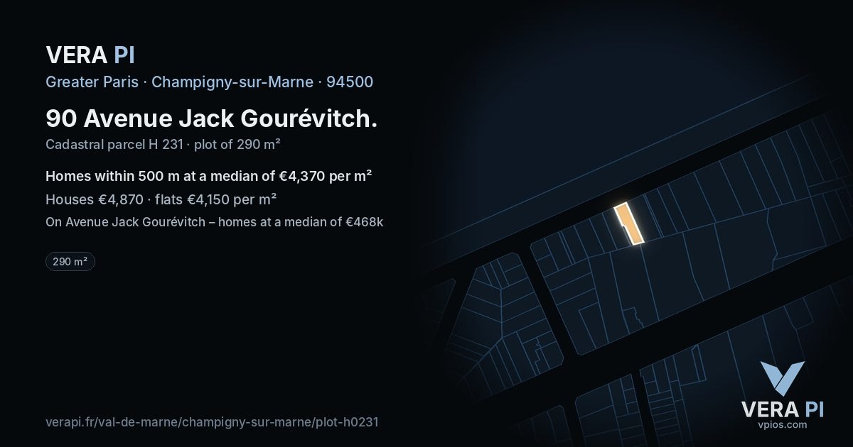 90 Avenue Jack Gourévitch, Champigny-sur-Marne at night – the plot lit, the parcels around coloured by the prices near them