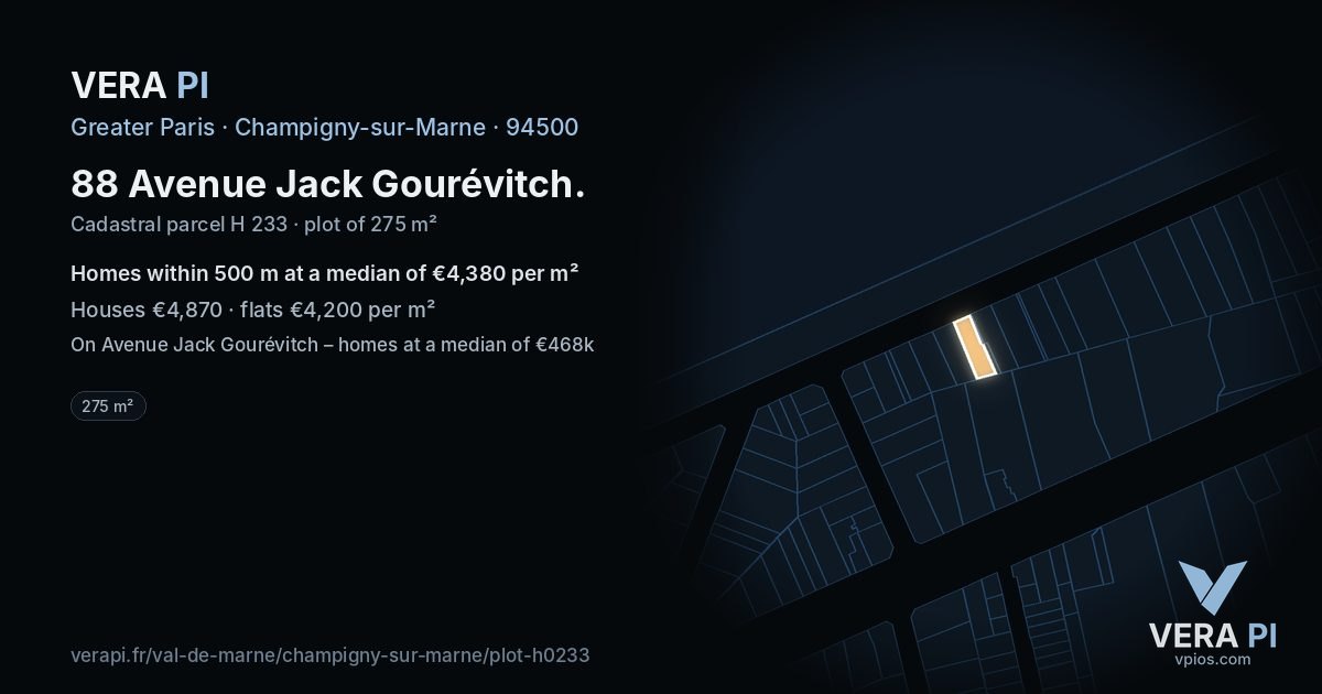 88 Avenue Jack Gourévitch, Champigny-sur-Marne at night – the plot lit, the parcels around coloured by the prices near them