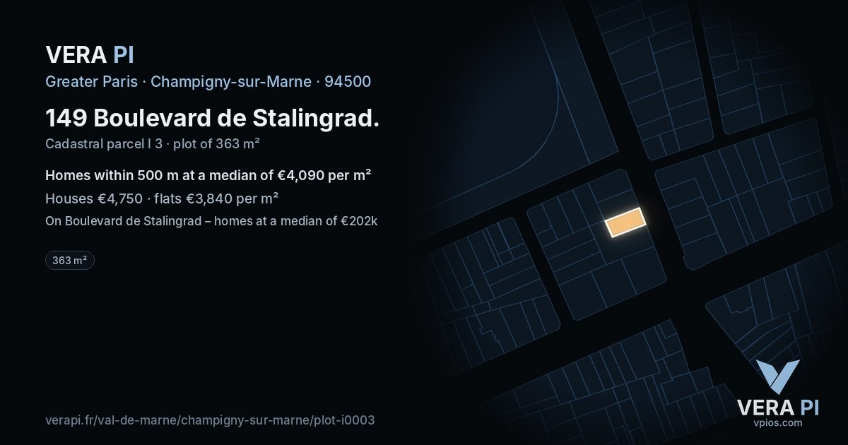 149 Boulevard de Stalingrad, Champigny-sur-Marne at night – the plot lit, the parcels around coloured by the prices near them