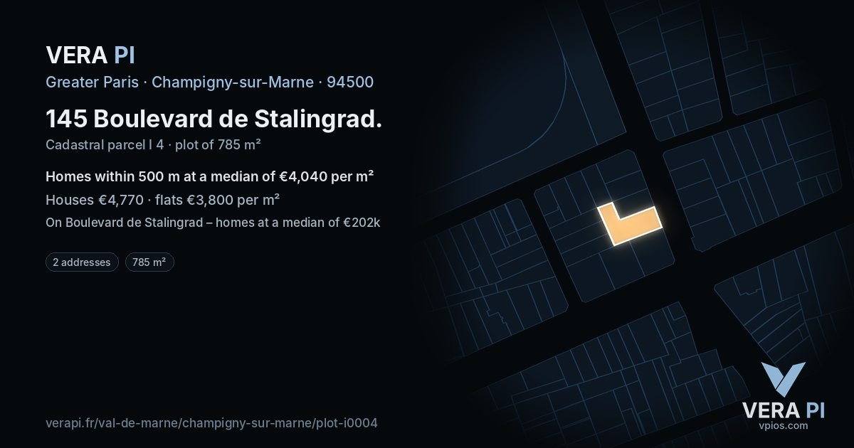 145 Boulevard de Stalingrad, Champigny-sur-Marne at night – the plot lit, the parcels around coloured by the prices near them