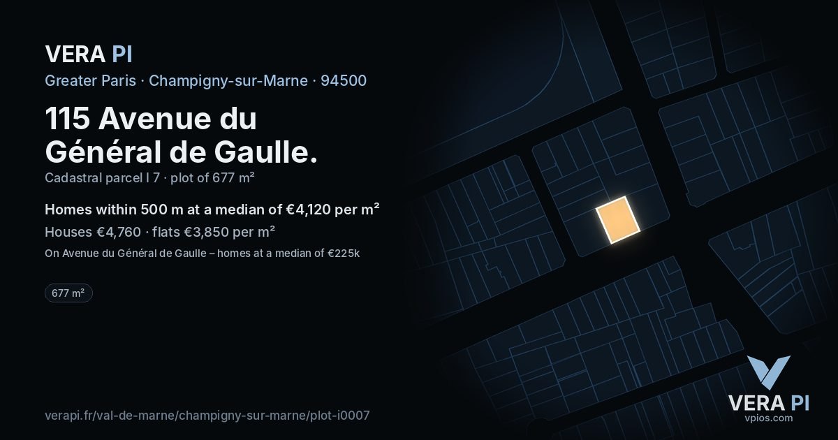 115 Avenue du Général de Gaulle, Champigny-sur-Marne at night – the plot lit, the parcels around coloured by the prices near them