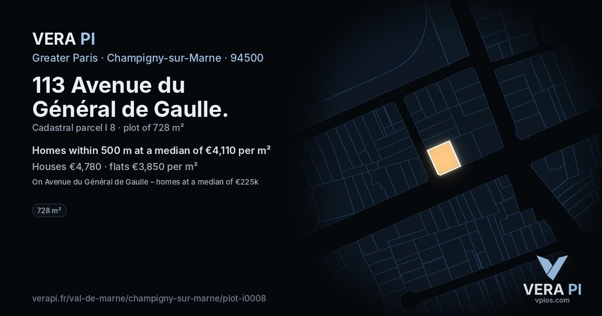 113 Avenue du Général de Gaulle, Champigny-sur-Marne at night – the plot lit, the parcels around coloured by the prices near them