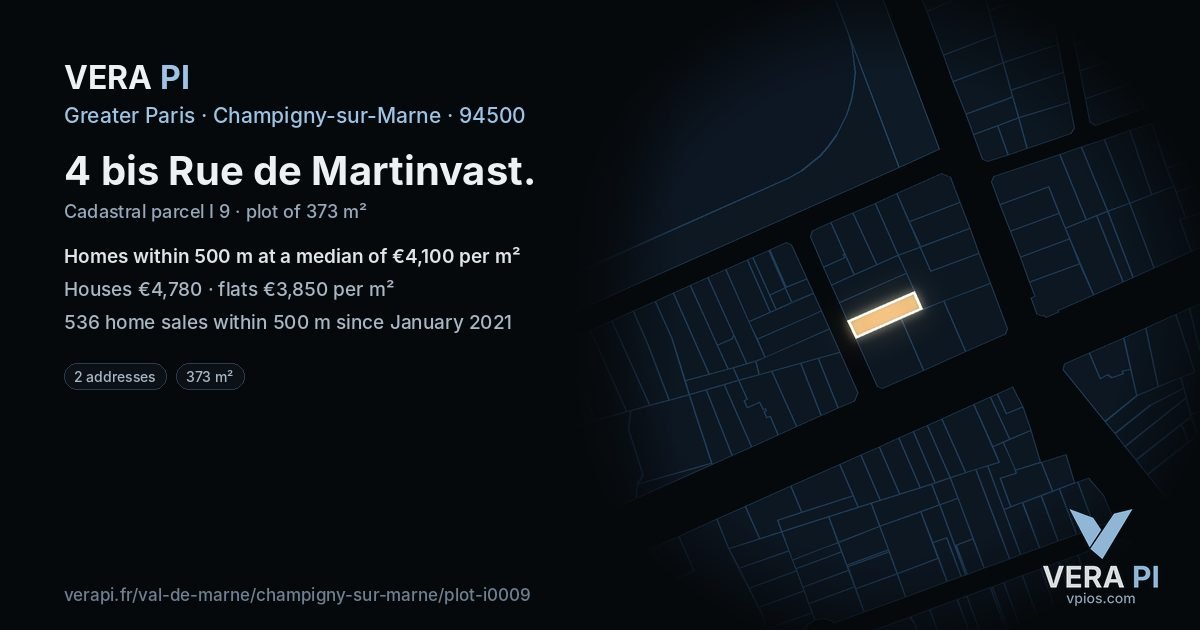 4 bis Rue de Martinvast, Champigny-sur-Marne at night – the plot lit, the parcels around coloured by the prices near them