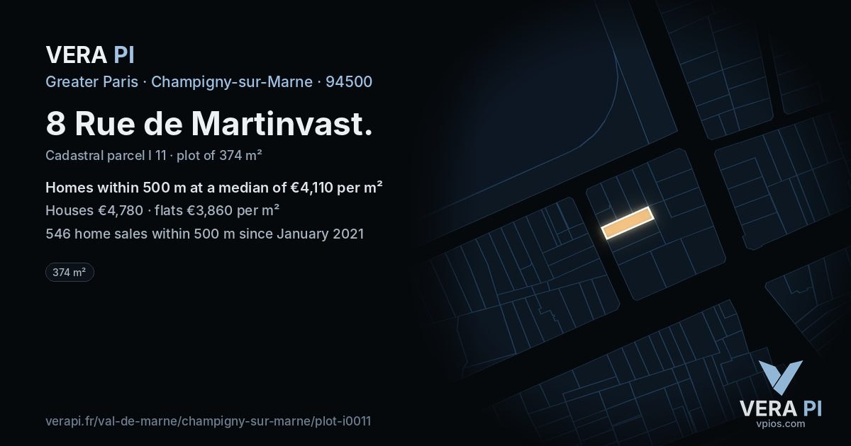 8 Rue de Martinvast, Champigny-sur-Marne at night – the plot lit, the parcels around coloured by the prices near them