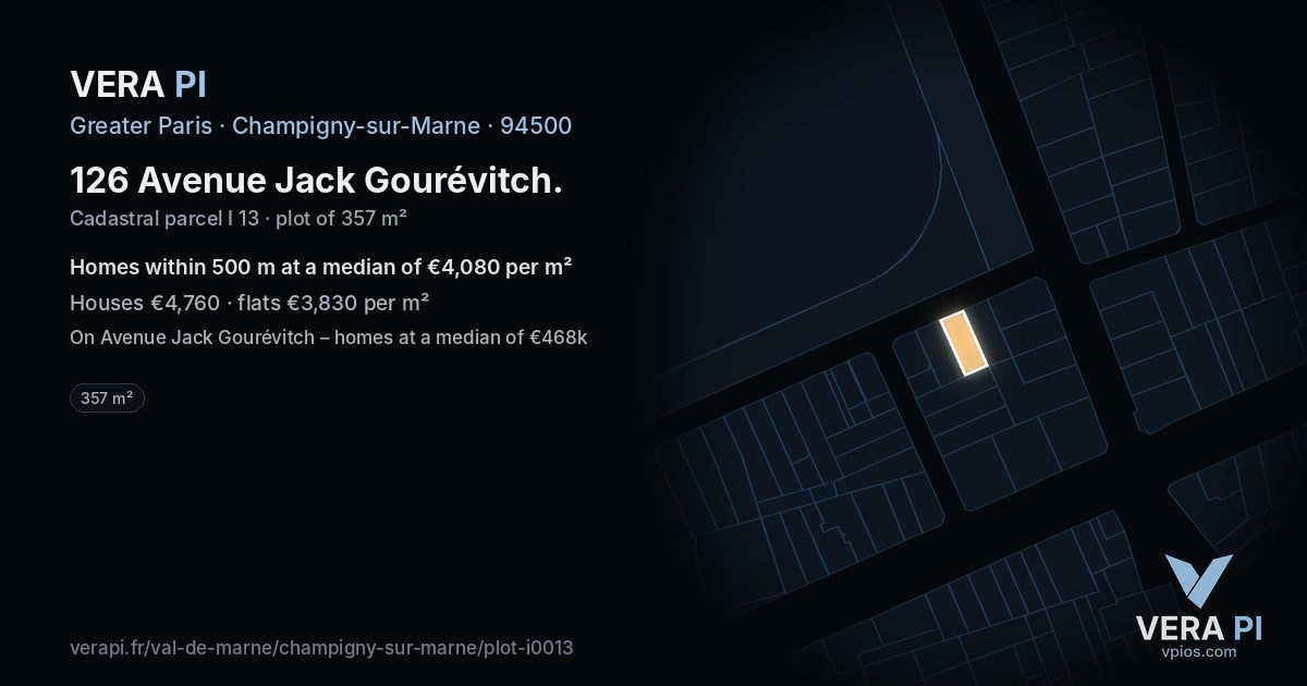 126 Avenue Jack Gourévitch, Champigny-sur-Marne at night – the plot lit, the parcels around coloured by the prices near them