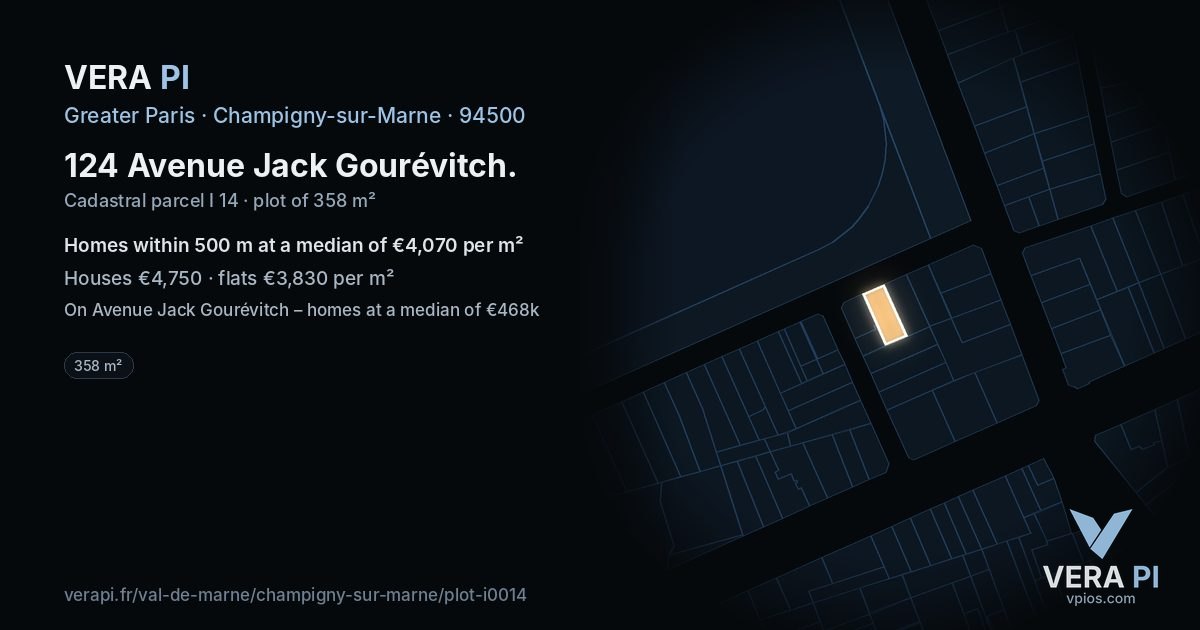 124 Avenue Jack Gourévitch, Champigny-sur-Marne at night – the plot lit, the parcels around coloured by the prices near them